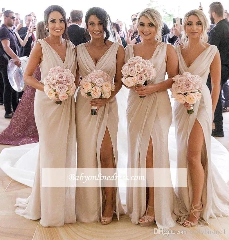 Tanie sukienki z druhną szampana szyfon głęboka v szyja przednia bok Slit High Split Plus Size Maid of Honor suknia Weddna sukienka gościnna 276L