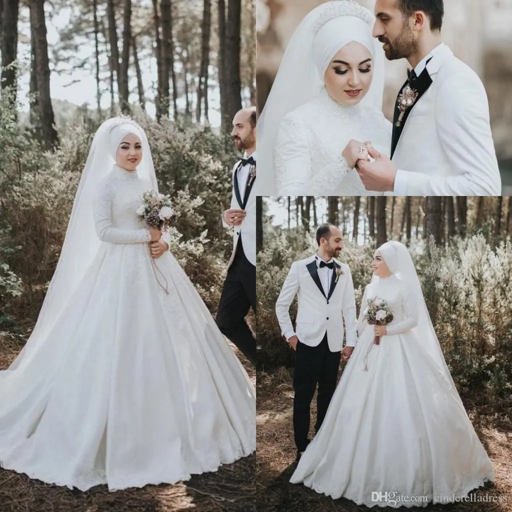 Длинные винтажные рукава Мусульманское Исламское бальное платье Платья Кружевные аппликации с высоким воротом Арабский Дубай Свадебное платье Свадебные платья Vestidos s