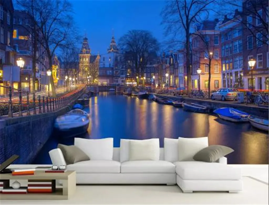 2019 nouveau papier peint 3d hollande Amsterdam Canal ville rue scène de nuit Ultra clair fond mur beau papier peint
