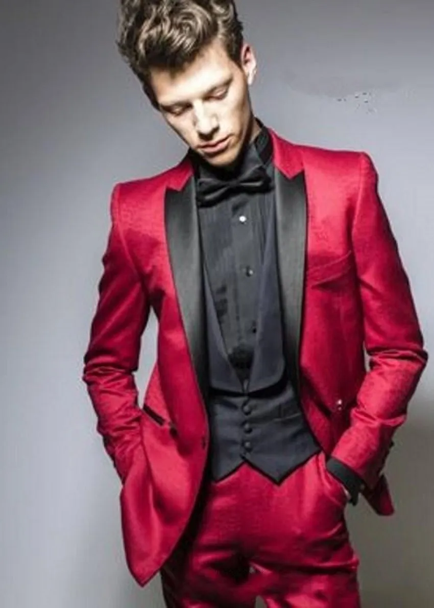 Отличный красный Groom Tuxedos черный отворот дружки свадебные Смокинги Мужская мода Пром Куртка Blazer 3шт Костюм (куртка + штаны + Tie + Vest) 62