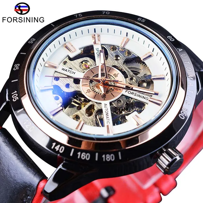 FORSINININGEN WATCH BRACKHET SET Combinatie Motorfiets Transparante echte rode zwarte riem skelet Skelet mannelijke automatische horloges Clock