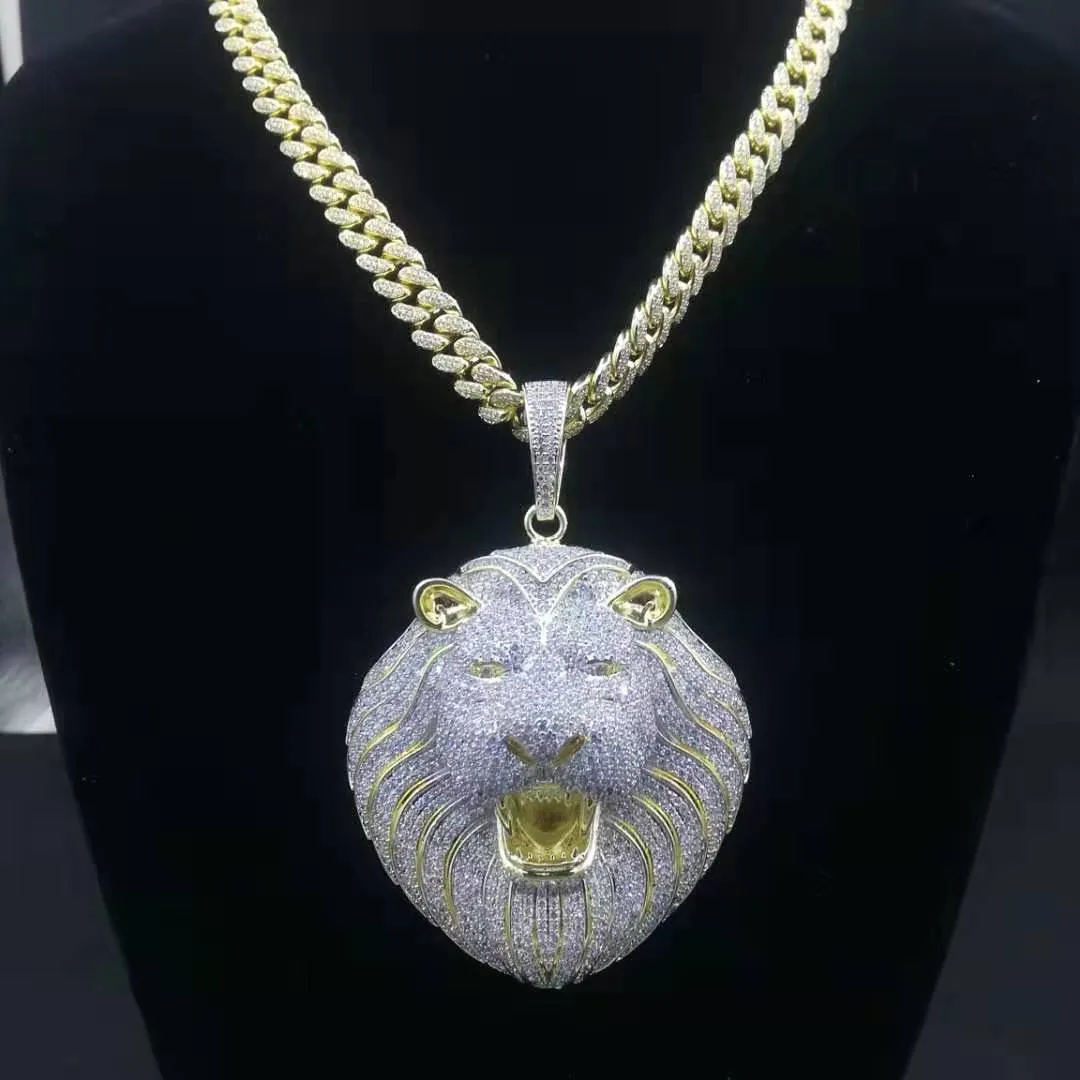 Iced Out Lion Pendentif Hip Hop Glacière Bijoux Hommes Designer Collier Plaqué Or 18 Carats Cubain Lien Chaîne Rappeur Diamant Cubique Zircone 300a