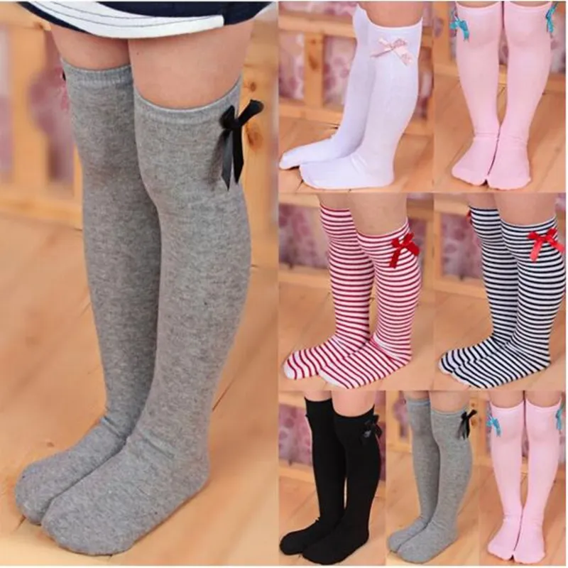 6 stlyes Calcetines de bota a rayas con lazo de princesa dulce para niña, calcetines lindos y cálidos hasta la rodilla de invierno