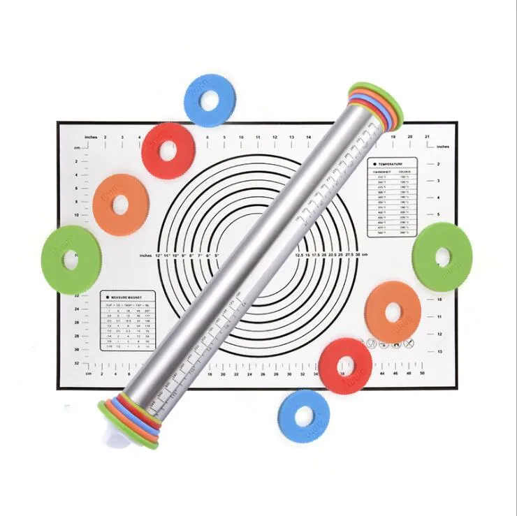 조정 가능한 스테인레스 스틸 롤링 핀 반죽 매트 반죽 롤러 4 이동식 조절 가능한 두께 반지 피자 생 과자 파이 베이킹 도구