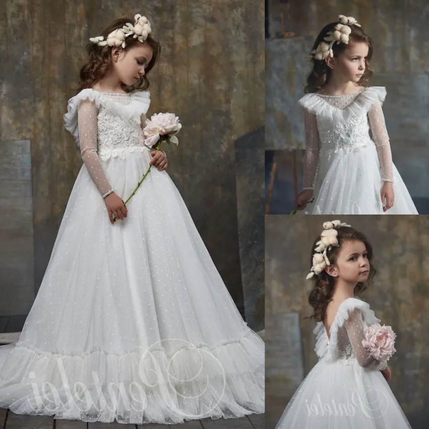 Bohemian Appliqued Backless Flower Girl Dresses For Wedding Bateau Neck Beaded Long Sleeves Toddler Pageant Gowns Tulle Kids Prom Dress 407