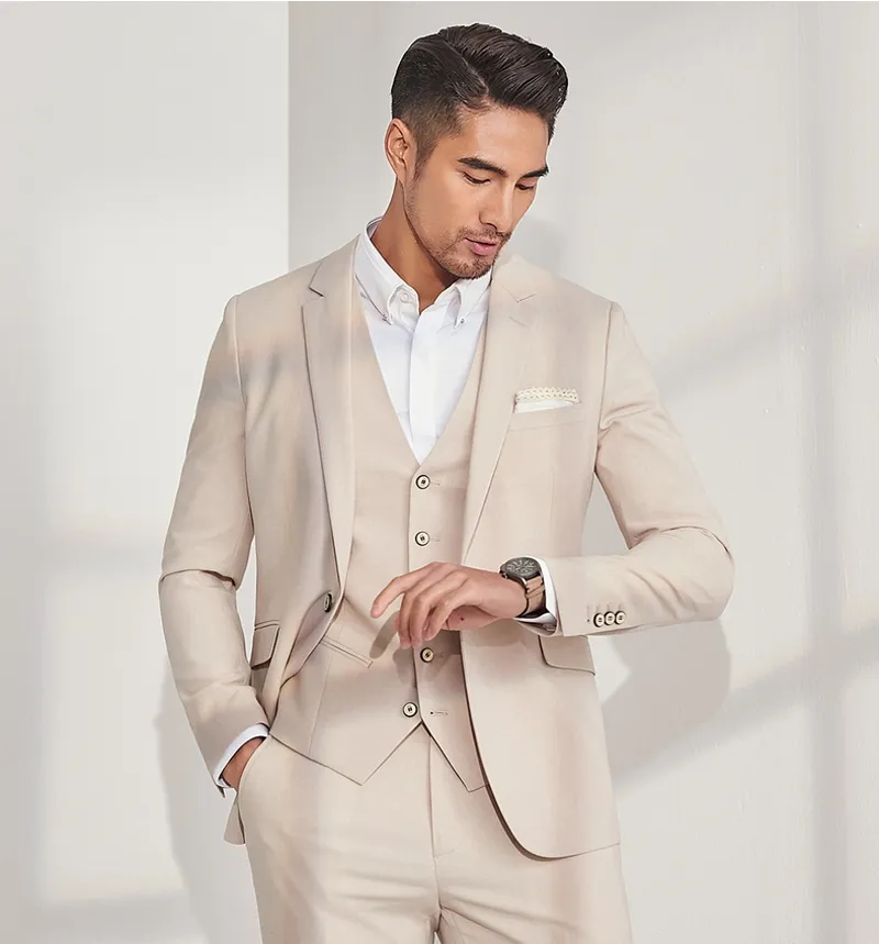 Özel yapım bej damat smokin çentik yaka ince fit sağdıç düğün smokin erkek erkek balo ceket blazer 3 adet takım elbise (ceket+pantolon+yelek)