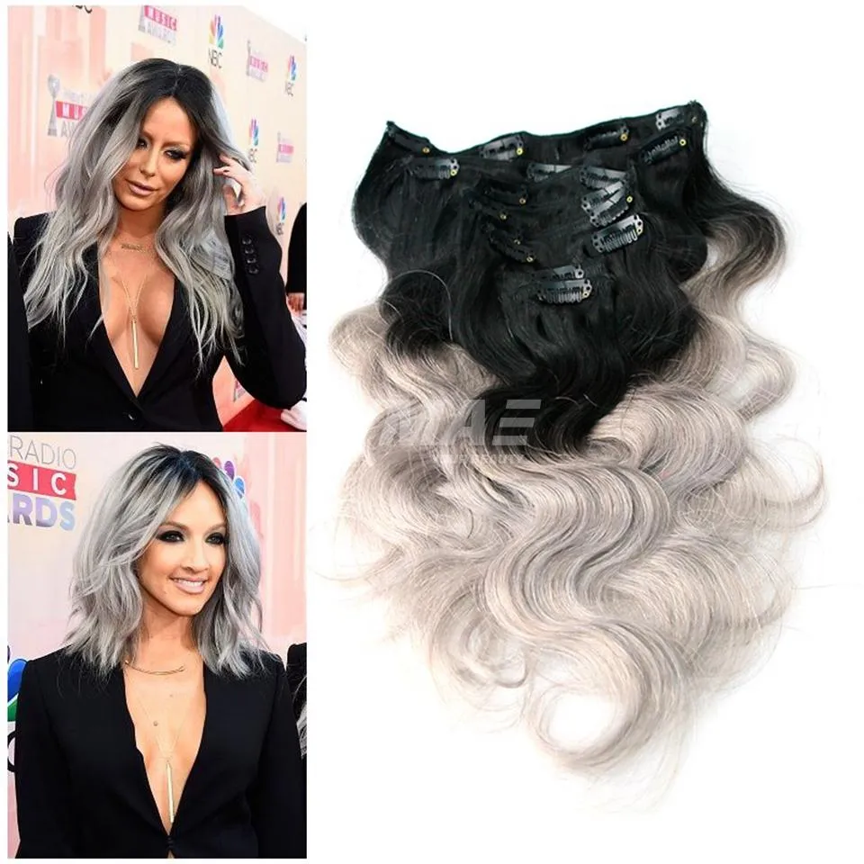 VMAE Ombre Brazilian Clip In Human Hair Extensions 9A Grade Body Wave Silver Grey Clip In Ombre Color Clip In Hair Extensions