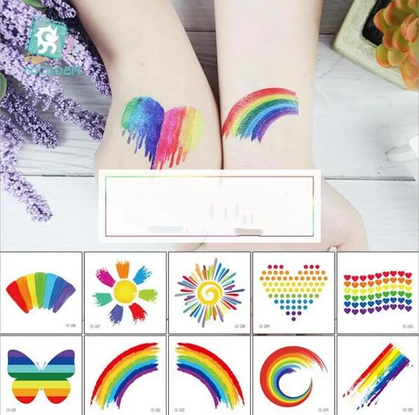 Colorful Rainbow Tattoo Sticker Adult Kids 60*60mm Sticker Face Cosmetic Lovely Body Art Temporary Sticker Party Accessory Boys Girls Toys