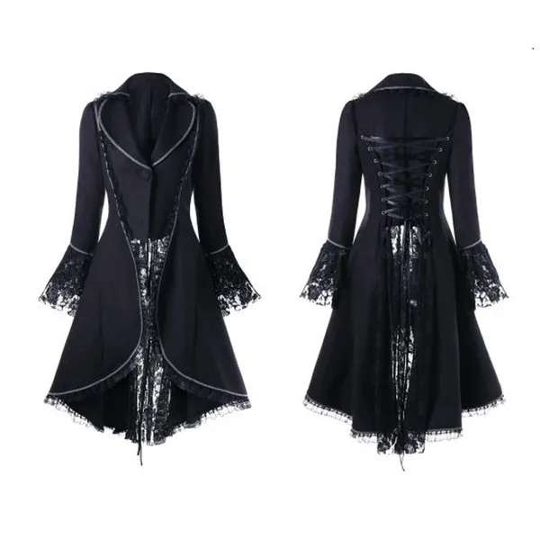 Wipalo Women Lace Trim Retro Coat Gothic Jacket Medieval Victorian Lace-Up Bandage Jacket High Low Noble Court Dress Overcoat