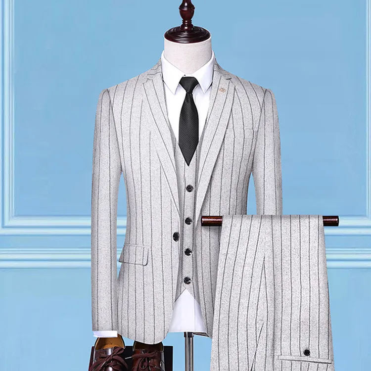 Heren Bruiloft Suits 3 Stuks Stripe Tweed Fleck One Button Gray Groom Draag Slanke Fit Nieuwe Jas Blazer