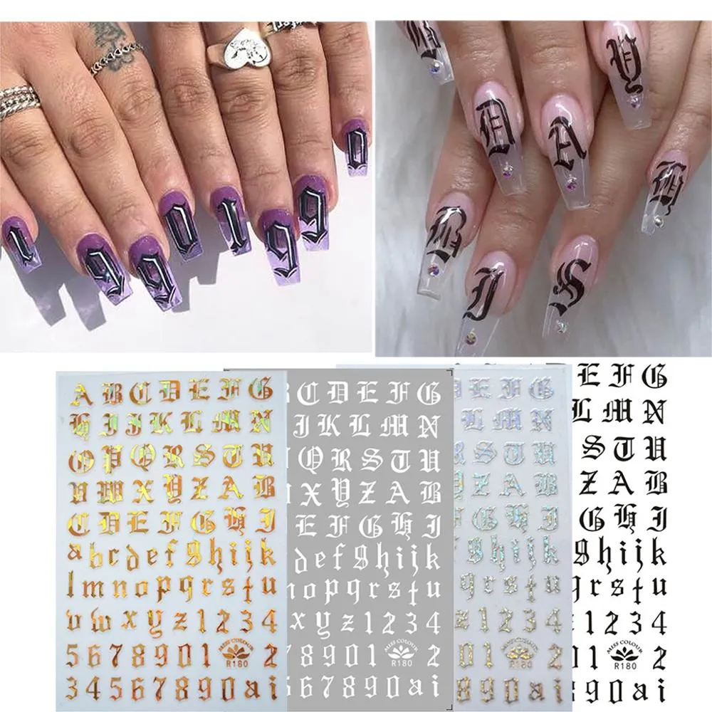 Etiquetas engomadas de la decoración de uñas en las uñas del arte de la etiqueta de la etiqueta de la carta de oro de los accesorios de la inscripción para manicura espalda pegatina