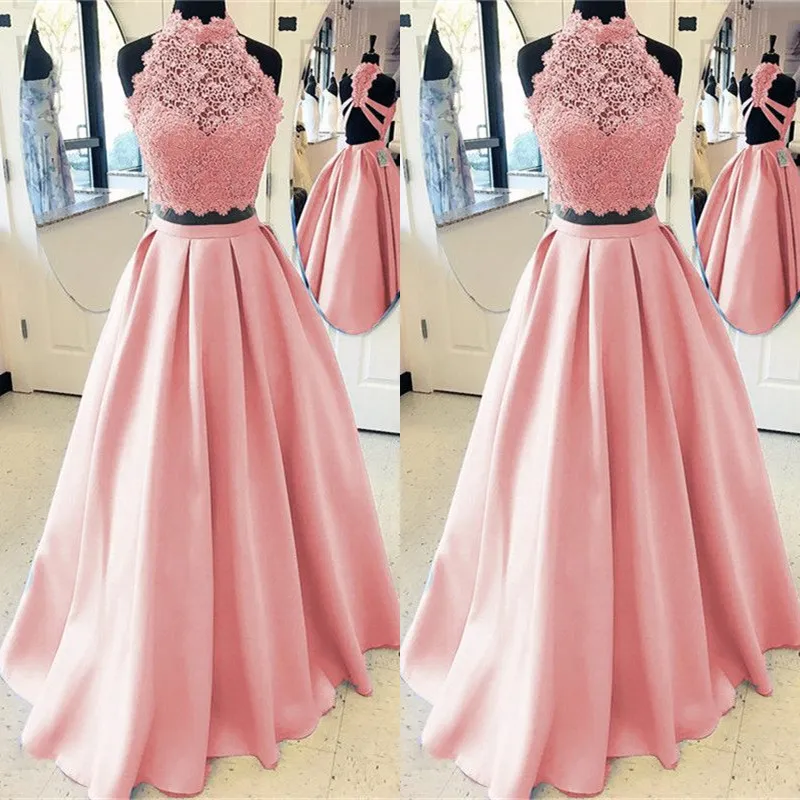 Rosa två bit prom klänningar lång 2019 hög nacke vestidos de fiesta largos elegantes de gala en linje spets speciell tillfälle klänning formell klänning
