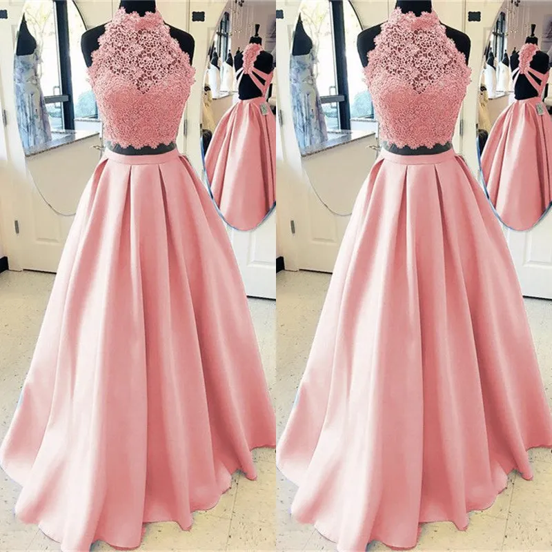 Abiti da ballo rosa a due pezzi Lungo 2019 collo alto vestidos de fiesta largos elegantes de gala A Line Pizzo Abito per occasioni speciali Abito formale