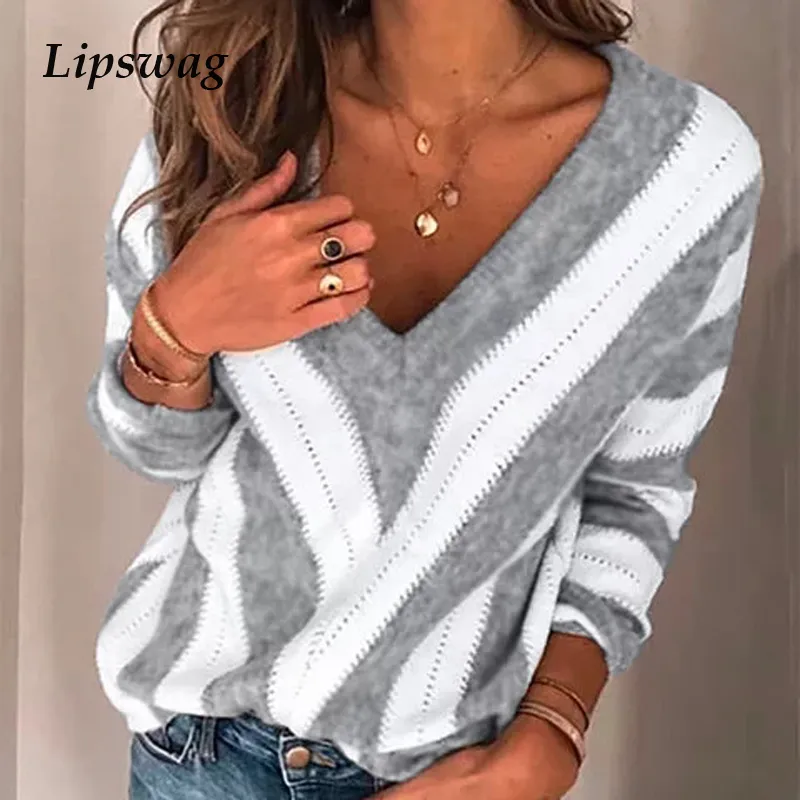 Lipswag Sexy V Neck Autumn Sweater Women 2019 Winter Patchwork Striped Knit Pullover Plus Size Casual Long Sleeve Pull Jumper