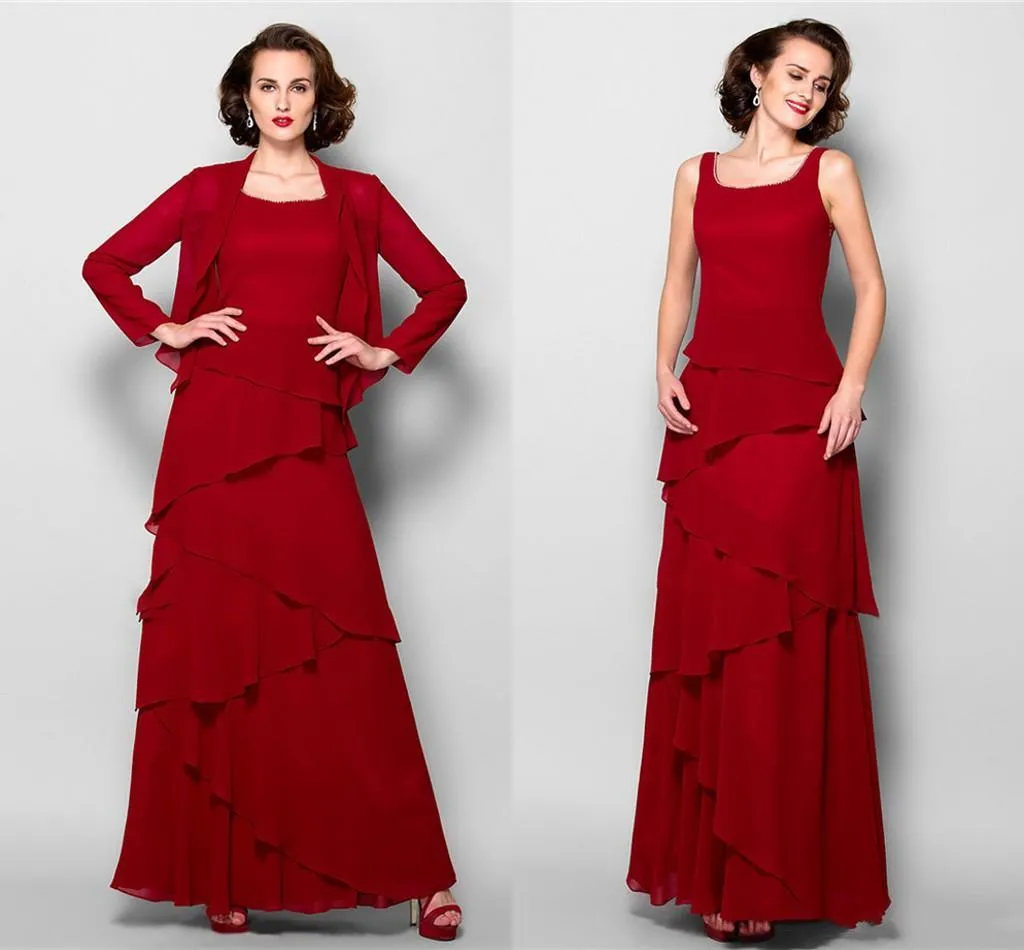 Langes Chiffon-Kleid für die Brautmutter mit Jacke, langärmlig, gestufter Rock, bodenlang, formelle Abendkleider für Abschlussball, Hochzeit, Party, 88