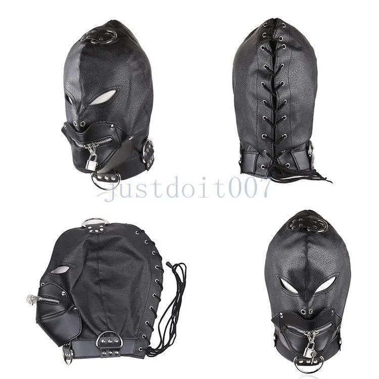 Bondage Mouth Gag PU Leather Full Gimp Open Eyes Hood Mask Costume di bloccaggio imbottito # R98