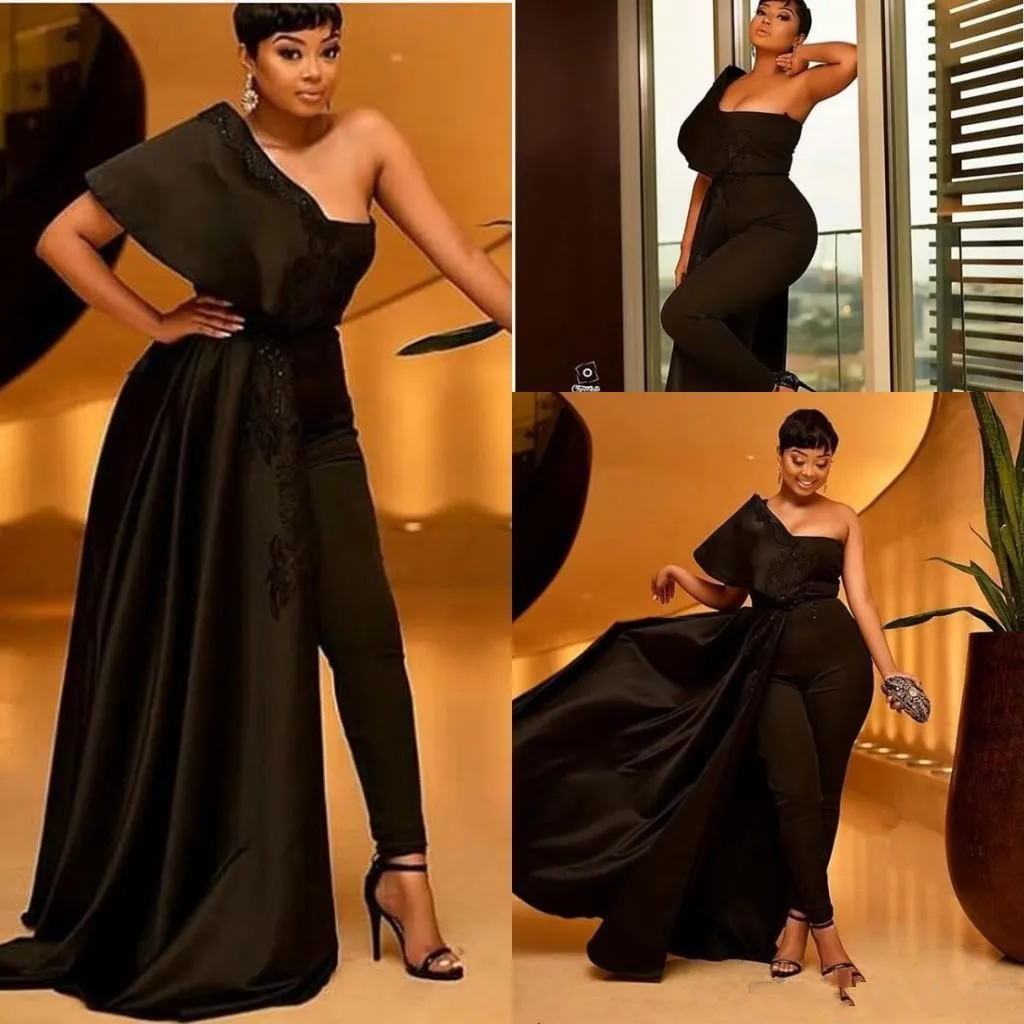 Black Jumpsuit Prom Dress With Appliques Sequins One Shoulder Overskirts African Evening Dresses With Pant Suits Plus Size Party Gowns
