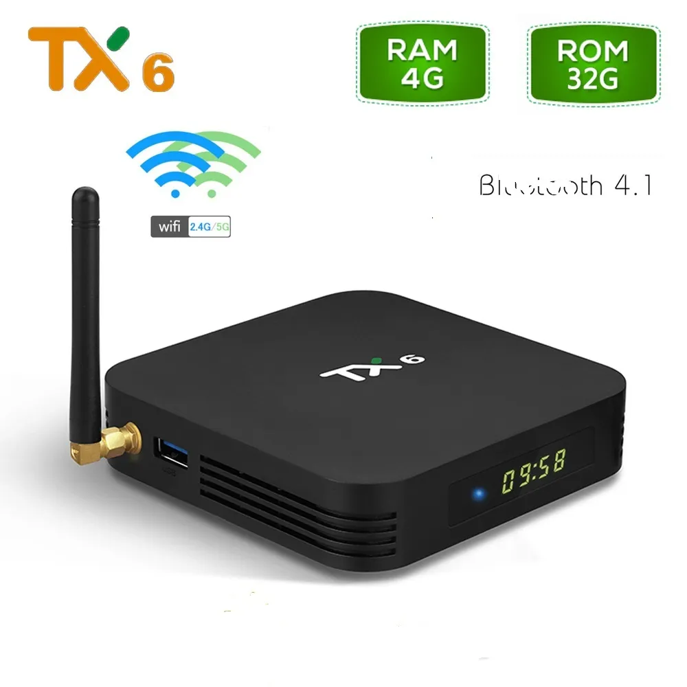 Frankreich auf Lager TX6 TV Box Android 9.0 2,4G 5G WiFi BT 4,1 4K H.265 HD Smart ALLWINNER H6 MEDIA PLAYER 4GB 32GB