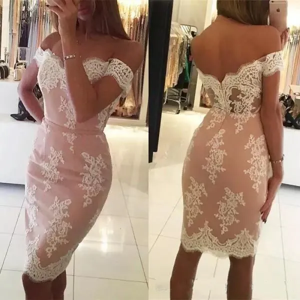 New Short Cocktail Dresses Lace Appliques Off Shoulder Fitted Knee Length Party Gowns with Sash 2019 Designer Summer Woman Prom Dresses