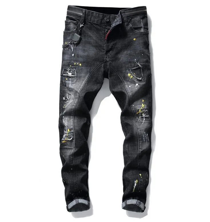 Hommes Slim Fit Grande Taille Jeans Hommes Style De Trou De Peinture Détruit Maigre Jambe Droite Lavé De Luxe Casual Pantalon En Denim Régulier Pantalon 1010