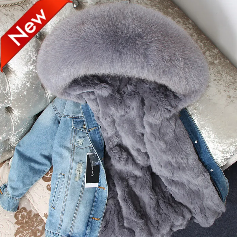 Women's down parkas jeans Jacket with fasion Holes Real rabbit furs Liner Detachable and smooth Fox Fur Collar