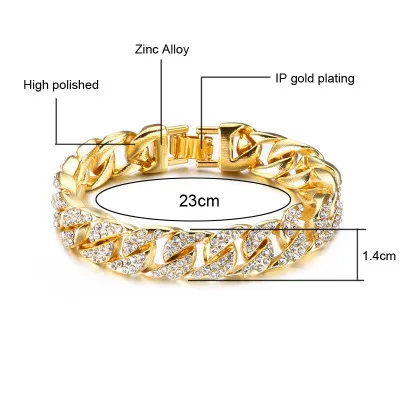 18K Gold Cuban Chain Bracelets for Men Hip Hop 14mm 23cm Iced Out Crystal Miami Bracelet The Hip Hop King Jewelry Bangles Gift269V