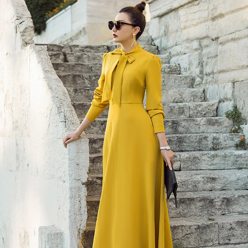Vintage Womens Party Wear Abaya 2019 Vintage Long Sleeve Yellow Purple Formal Maxi Dress With Pocket Bow Elegant New Year Robe T5190614 From Linjun05 70.36 DHgate.Com