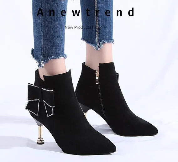 Women Ankle Boots Mid High Heels Short Boots 2019 Winter Pointed Toe Spike Heels Autumn Shoes Slip On Black Shoe