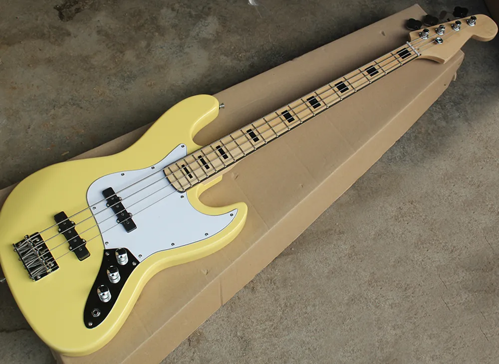 Baixo elétrico jazz amarelo de 4 cordas com braço branco pickguard maple pode ser personalizado conforme solicitação