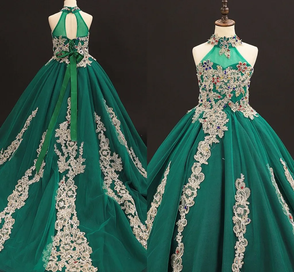 Vestidos del desfile de las muchachas verdes de la vendimia Cuello alto con un aplique de tren largo Vestido de niña de las flores de cristal con cuentas para la boda Fiesta de los niños vetement