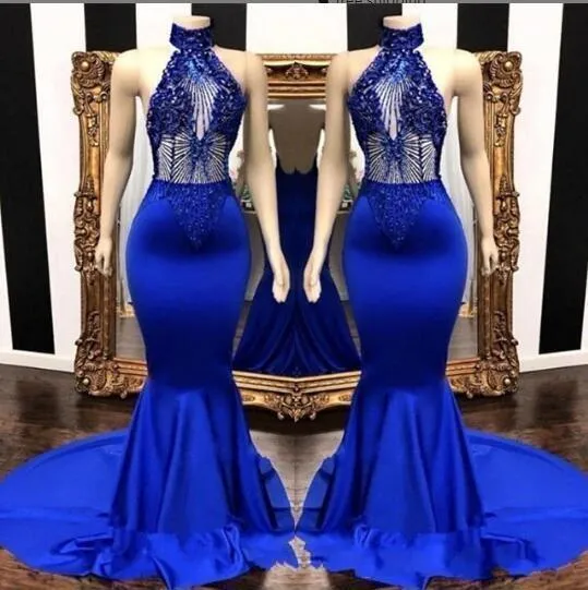 Blue Mermaid Prom Royal Dresses Sexig Illusion Halter Beading Satin Sweep Train Custom Made Evening Party Gowns Formal OCN Wear