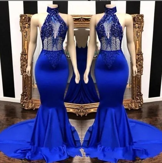 Azul sereia baile de formatura vestidos reais ilusão sexy halter beading cetim varredura trem feito sob encomenda vestidos de festa à noite formal ocn wear