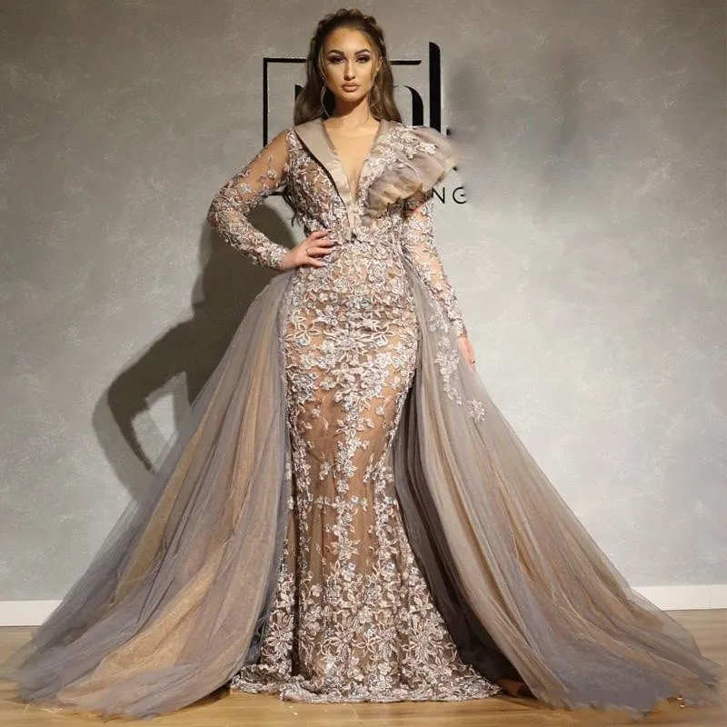 Arabic Dubai Lace Mermaid Evening Dresses Long Detachable Train Applique Full Sleeve Overskirts Prom Dress V Neck Tulle robe de soiree