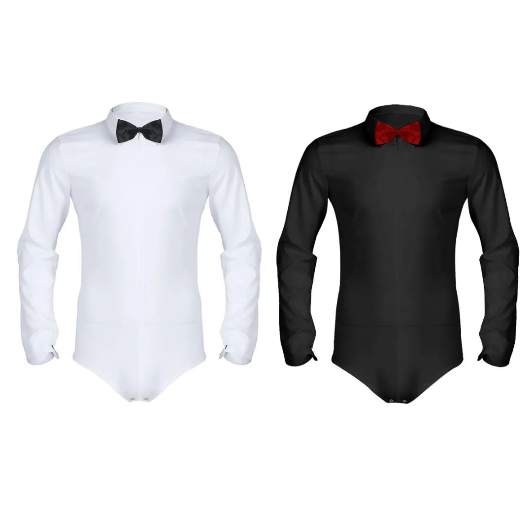 Feeshow Mens Long Sleeve Zipper Romper Tuxedo Shirt Camisas Hombre Solid Color Soft Latin Modern Dance Shirt With Bowtie224Z