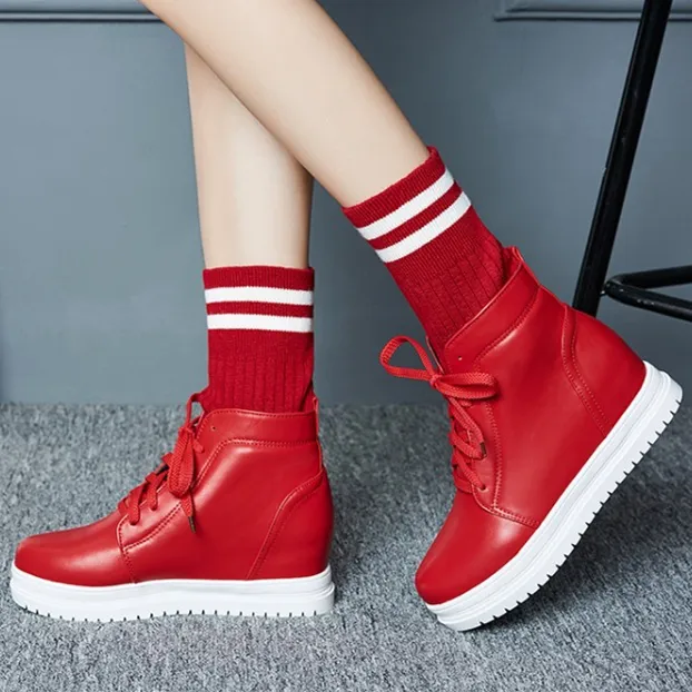 Plus Size 33 To 42 43 College Wind Wool Knitting Patchwork Lace Up Invisible Height Platform Wedge Boots Winter Women