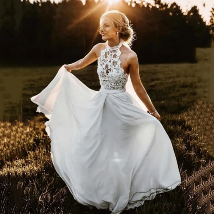 Spets chiffon boho bröllopsklänning halter pärlor golvlängd en linje bohemiska brudklänningar mantel de mariage 2020 utomhus bröllop klänning236y