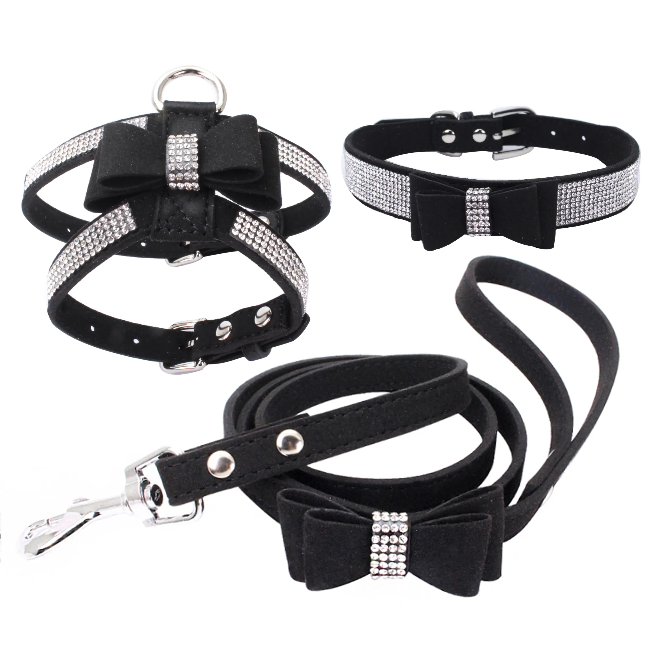 Dog Harness Collar Leash Set 3 Peices Suit Adjustable Soft Suede Fabric Shining Diamonds Pet Vests For Dogs Comfort Pets Supplies From 5 97 DHgate