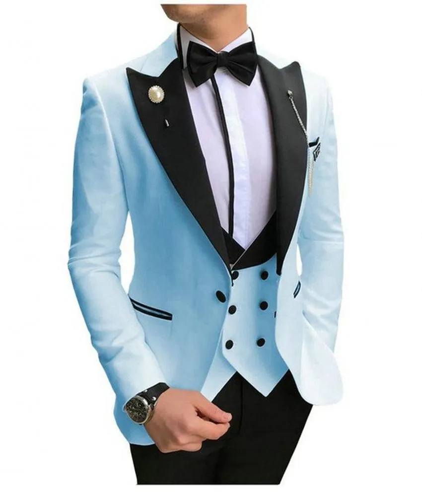 Slim Fit Açık Mavi Damat smokin Tepe Yaka Groomsmen Mens Gelinlik Stil Man Ceket Blazer 3 Adet Suit (Ceket + Pantolon + Vest + Tie) 868