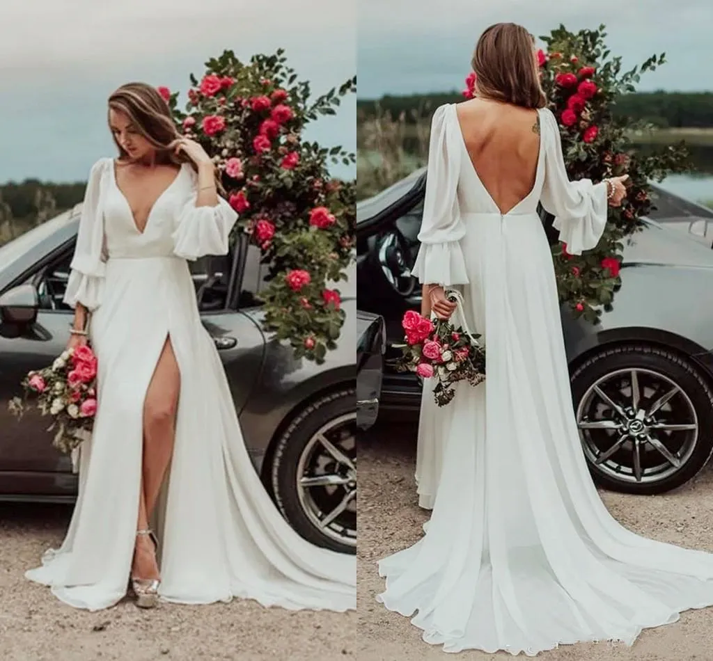 Yaz şifon Backless Gelinlikler Basit Boho Gelinlik Orman Sahil Casual Ülke Düğün Gelin Modelleri V Yaka Uzun Kollu vestidos