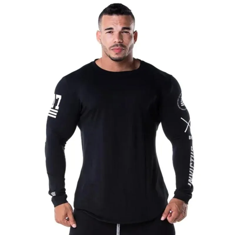 Nya Skinny Men Långärmade T-shirts Vår 2019 Fashion Casual Printed T Shirt Male Fitness Gym Black Tshirt Toppar Märke Kläder