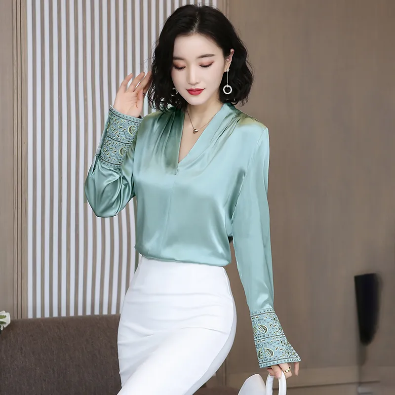 Women's Blouses & Shirts Korean Silk Women Satin Blouse Shirt Plus Size Elegant Woman Long Sleeve Embroidery Womens Tops And