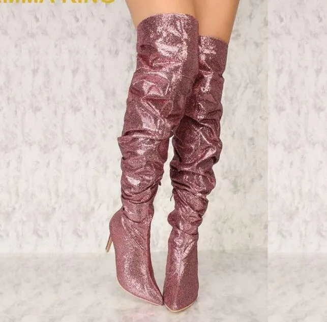 Fashion Gold Glitter Women Sparkly Thigh High Boots Sexy Pointed