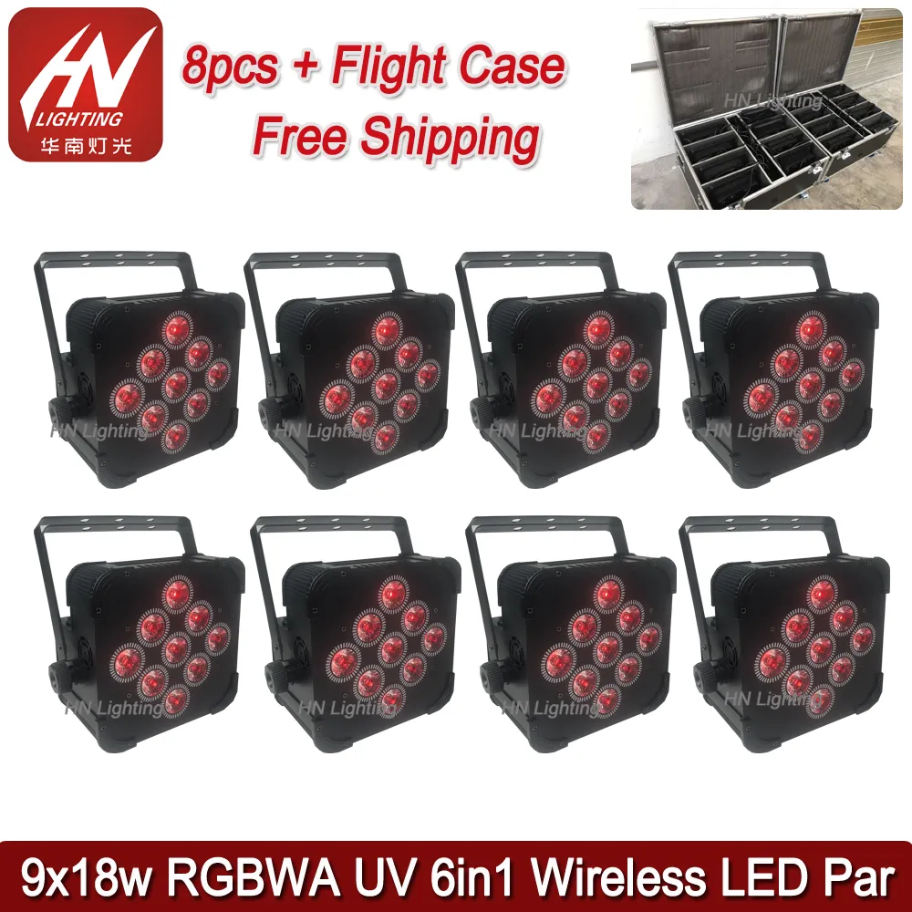 8pcs Battery Powered Light Led Par Uplight 9x18w RGBWA UV 6IN1 Wireless DMX512 Uplighting Par50 for Wedding Party with case