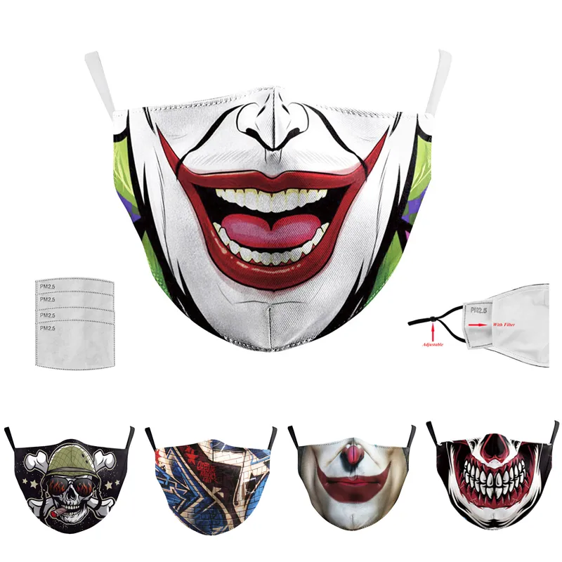 10st Andningsbar Halloween Digital Utskrift Mask 2 Lager Vuxen Maskerad Party Joker Face Masks Återanvändbar Anti-Fog Cosplay Mascherine