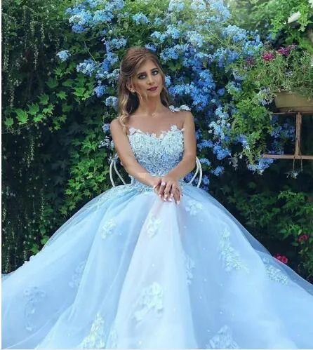 2020 Sexy See Through Ocean Blue Prom Dresses with Lace Applique Sheer Neck Pageant Party Avondjurken Een lijn Goedkope Bruidsmeisjesjurk