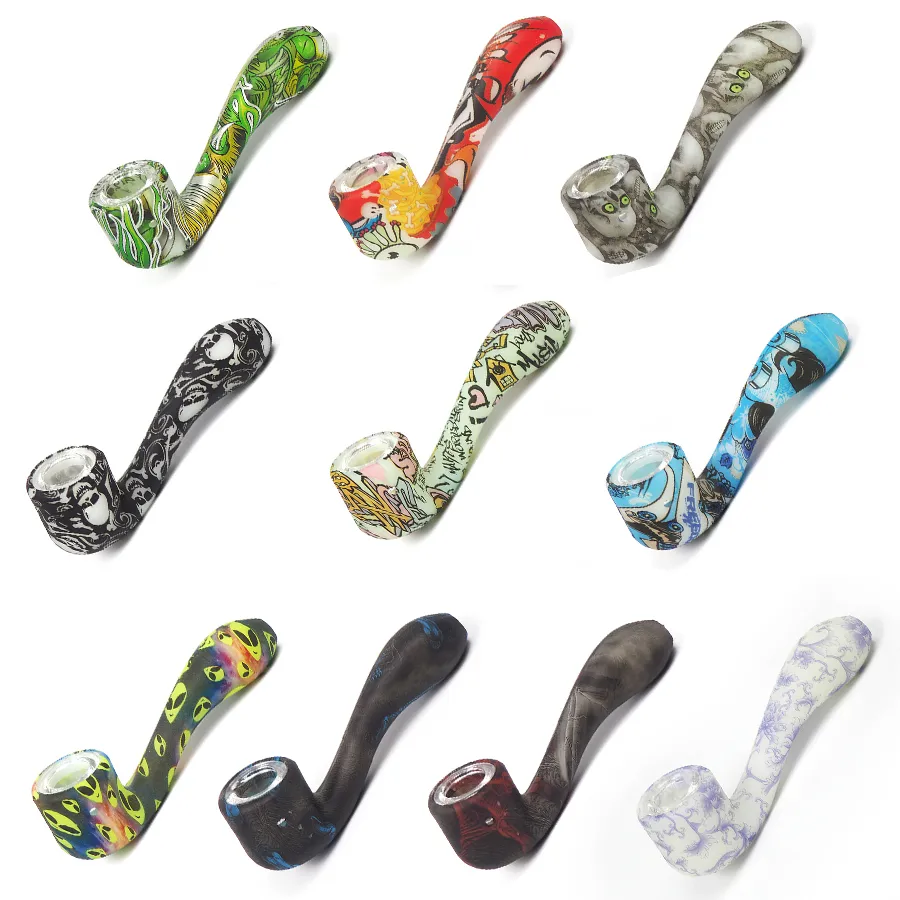 Smoking pipes beautiful glow in the dark and printed silicone bubbler with glass bowl spoon shape 7 word hand pipe