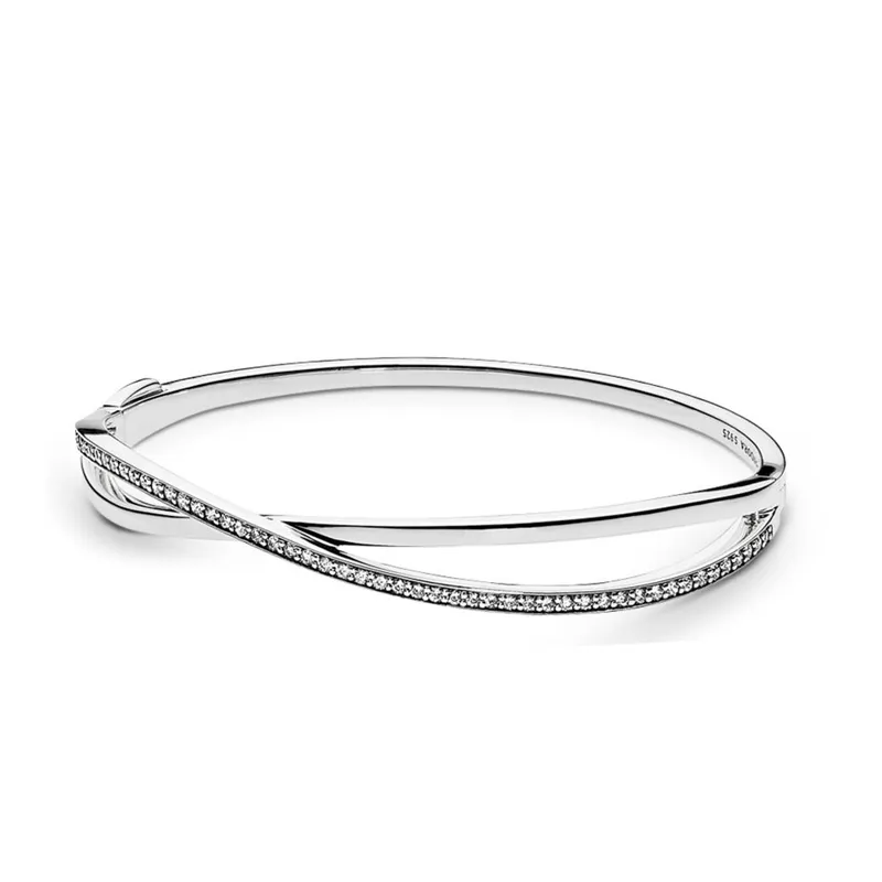 Nuovo arrivo Bracciale rigido intrecciato in argento sterling 925 Scatola originale Moda CZ Diamond Women Set di gioielli da regalo di nozze