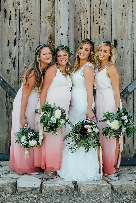 Gradient Szyfonowa Kraj Druhna Suknie Z Szczurem Wielopoziomowy 2019 Suknie Ślubne Suknie Gościnne Maid of Honor Dress Party Dress na macierzyństwo