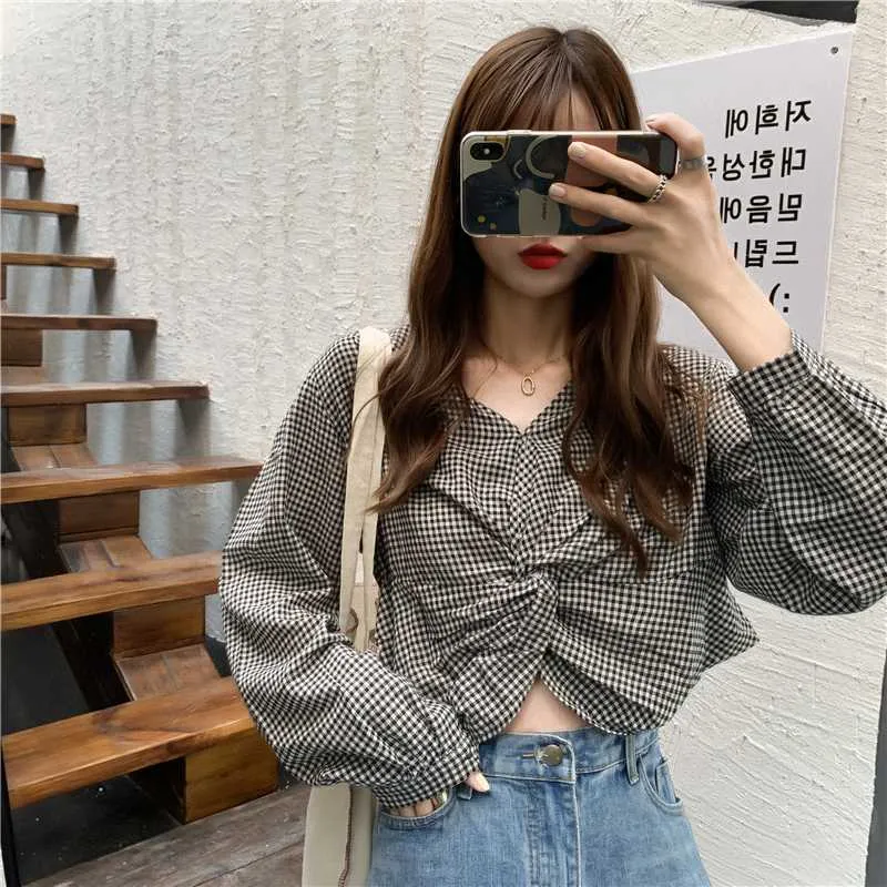 Nueva primavera Vintage camisa a cuadros mujer Oversize Tops mujeres manga larga ni as blusa m s tama o verano mujeres Blusas Mujer Blusas