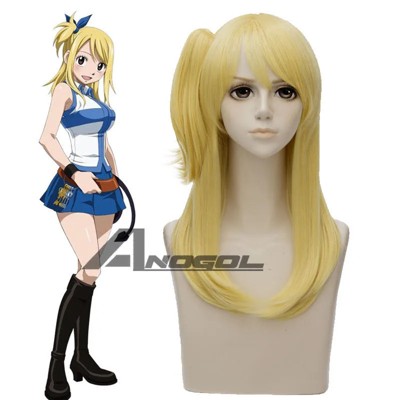 Fairy Tail Lucy Heartphilia Cosplay Wig Lång Straight Gold Synthetiska Paryk + Keps